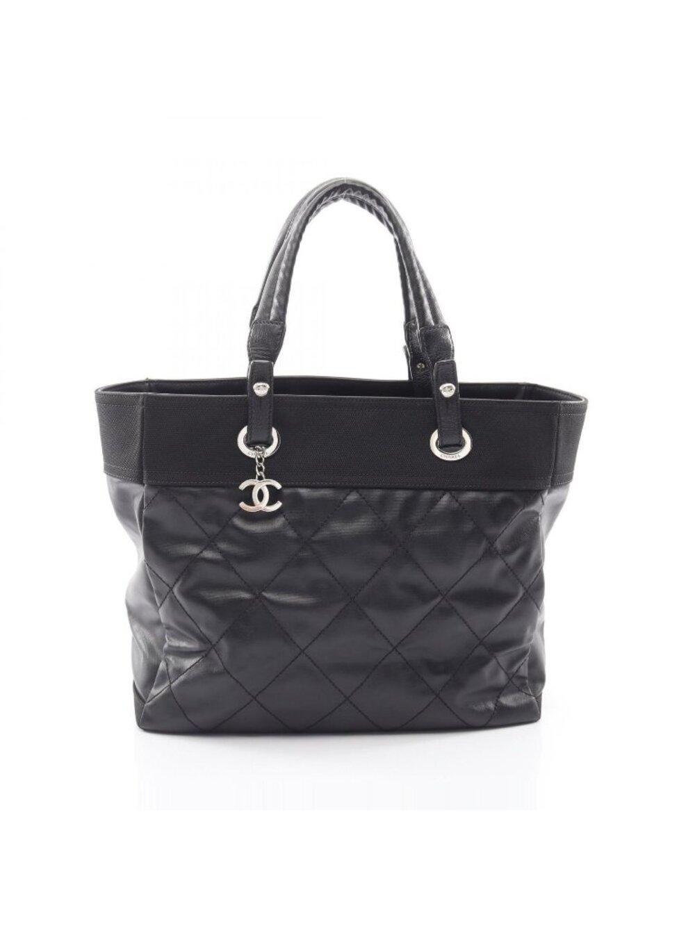 Chanel Tote Bag Paris Biarritz MM Black Canvas Leather MM